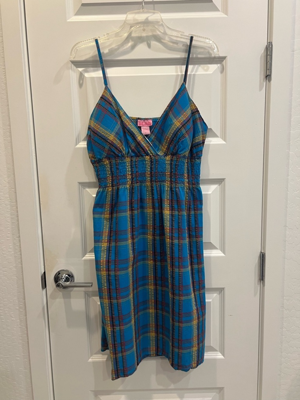 She's Cool Blue Plaid Cotton Dress with Yellow Accents